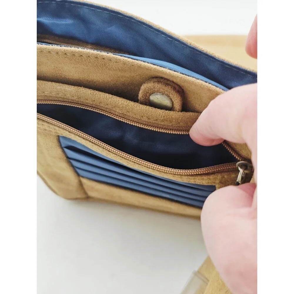 TRAVELON Suede Organizing Purse Key Fob Mirror Expandable Bottom Crossbody Purse